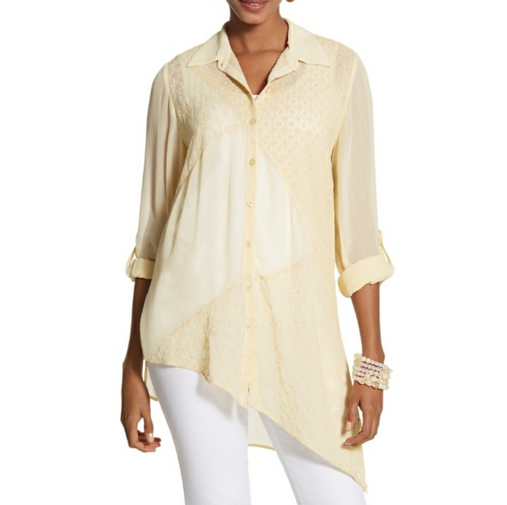 Chico's Pale Yellow Asymmetrical Roll Sleeve Button Down Blouse size 1